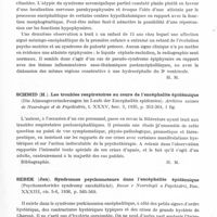 0733 - Page 685 - Analyses. Neurologie. Études spéciales. Encephalites. Radovici (A.) et Schachter (M.). Les syndromes pseudo-hypophysaire et pseudo-épiphysaire postencéphalitiques. Arquivos brasileiros de Neuriatria e Psiquiatria... / Schmid (H.). Les troubles respiratoires au cours de l'encéphalite épidémique (Die Atmungsveränderungen im Laufe der Encephalitis epidemica). Archives suisses de neurologie et de psychiatrie... / Sebek (Jan). Syndromes psychomoteurs dans l'encéphalite épidémique (Psychomotoricke syndromy encefalitické). Revue v Neurologii a Psychiatrii...