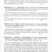 0893 - Page 845 - Analyses. Neurologie. Études générales. Noyaux gris centraux. Goodhart (S. Philip), Balser (Ben H.) et Bieber (Irving). Etudes encéphalographiques dans des cas d'affections extrapyramidales. (Enchephalographic studies in cases of extrapyramidal disease). Archives of Neurology and Psychiatry... / Marinesco (G.) et Nicolesco (M. M.). Un cas rare de syndrome strié par troubles de circulation cérébrale. Bulletin de la Société roumaine de neurologie, psychiatrie, psychologie et endocrinologie... / Pezard (André). Relation entre le noyau rouge et le poids encéphalique chez divers mammifères. Comptes rendus des séances de la Société de biologie... / Policard (A.), Bonnet (P.) et Bonamour (G.). Etude histospectrographique de l'anneau cornéen de Kayser-Fleischer. Comptes rendus des séances de la Société de biologie... / Saric (Drago). Troubles de la sensibilité à topographie palmo-orale (Palmo-oralni poruchy citlivosti). Revue v Neurologii a Psychiatrii...