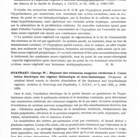 0895 - Page 847 - Analyses. Neurologie. Études générales. Diencéphale. Jones (M. S.). Un cas de narcolepsie récidivante (A case of recurrent attacks of prolonged sleep). The journal of Neurology and Psychopathology... / Roussy (G.) et Mosinger (M.). Plurinucléose neuronale expérimentale consécutive à l'injection répétée d'extraits antéhypophysaires. Comptes rendus des séances de la Société de biologie... / Stavraky (George W.). Réponse des vaisseaux sanguins cérébraux à l'excitation électrique des régions thalamique et sous-thalamique (Response of cérébral blood vessels to electric stimulation of the thalamus and hypothalamic regions). Archives of Neurology and Psychiatry...