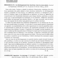 0899 - Page 851 - Analyses. Psychiatrie. Études générales. Zilborg (Gregory). Diagnostic différentiel des variétés de suicide (Differential diagnostic types of suicide). Archives of Neurology and Psychiatry... / Psychologie. Bridges (K. B.). Le développement des émotions chez le jeune enfant. Journal de psychologie... / Comellini (Agostino). Le tatouage (Il tatuaggio). Annali dell' Ospedale psichiatrico di Perugia...