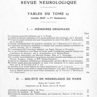 0005 - Page 1 - Revue neurologique. Tables du tome 67. Année 1937 - 1er semestre. I. Mémoires originaux / II. Société de neurologie de Paris