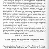 0114 - Page 62 - Société de neurologie de Paris. Séance du 7 janvier 1937. Communications. Hémorragie du thalamus dans l'électrocution, par MM. J. Lhermitte, Thibault, de Ajuriaguerra (Travail de la Fondation Dejerine) / Syndrome bulbaire d'origine hémorragique. Distorsion de l'image de soi ; hallucinose visuelle, par MM. J. Lhermitte, M. Ducosté et Bineau