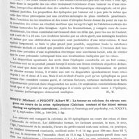 0199 - Page 147 - Analyses. Neurologie. Études spéciales. Épilepsie. Penfield (Wilder). Epilepsie et thérapeutique chirurgicale (Epilepsy and surgical therapy). Archives of Neurology and Psychiatry... / Scott (Michael) et Pigott (Albert W.). La teneur en calcium du sérum sanguin au cours de la crise épileptique (Calcium content of the blood serum during an epileptic convulsion). Archives of Neurology and psychiatry...