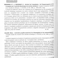 0316 - Page 264 - Analyses. Neurologie. Études générales. Bibliographie. Proca Banescu (Lucia Laetitia). Les conséquences immédiates et tardives des traumatismes vertébraux. L'arachnoïdite posttraumatique. Thèse Bucarest, 1936 / Physiologie. Bremer (F.) et Thomas (J.). Action de l'anoxémie, de l'hypercapnie et de l'acapnie sur l'activité électrique du cortex cérébral. Comptes rendus des séances de la Société de biologie... / Claes (Elsa). Activités pupillo-motrices du diencéphale et du mésencéphale. Comptes rendus des séances de la Société de biologie...