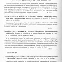 0320 - Page 268 - Analyses. Neurologie. Études générales. Dystrophies. Nager (M.). L'oreille dans la maladie de Crouzon. Bulletin de l'Académie de médecine... / Roger (H.), Alliez (J.) et Paillas (J.-E.). La lipodystrophie progressive. Revue française d'endocrinologie... / Trancu-Rainer (Marthe) et Vladutiu (Octave). Recherches hormonales dans l'achondroplasie. Bulletin de l'Académie de médecine de Roumanie... / Urechia (C. I.) et Elekes (N.). Exostoses ostéogéniques avec complications médullaires. Bulletins et mémoires de la Société médicale des hôpitaux de Paris... / Infections. Audibert (V.) et Paganelli (M.). Zona généralisé accompagné de purpura rhumatoïde. Marseille médical... / Augier (Pierre) et Durandy (Paul). Les manifestations nerveuses au cours de la fièvre boutonneuse méditerranéenne. Bulletins et mémoires de la Société médicale des hôpitaux de Paris...