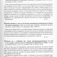 0323 - Page 271 - Analyses. Neurologie. Études générales. Infections. Mendel (M. Sabina). Syphilis et mariage. Thèse Bucarest, 1936 / Messing (Sigismond). Anatomie pathologique de la rage chez l'homme (Anatomja patologiczna wodowstretu u czlowieka). Neurologja Polska... / Molina (Rodolfo J.). Sur un cas de lèpre anesthésique prédominant au niveau des paires crâniennes (Sobre un caso de lepra anestesica a predominio de pares craneales). Revista medica... / Nicolau (S.) et Pérard (Ch.). Etude histophysiopathologique de l'oeil et du système nerveux dans la leishmaniose généralisée du chien. Annales de l'Institut Pasteur...