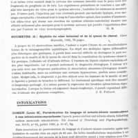 0324 - Page 272 - Analyses. Neurologie. Études générales. Infections. Petzétakis (M.). Le virus neurolymphophile. Comptes rendus des séances de la Société de biologie... / Soumeyre (G.). Syphilis du cône terminal et de la queue de cheval. Thèse Marseille, 1935... / Intoxications. Cohen (Louis H). Persévération du langage et astasie-abasie consécutives à une intoxication oxycarbonnée (Speech perseveration and astasia-abasia following carbon monoxide intoxication). The Journal of Neurology and Psychopathology... / Crouzon (O.) et Desoille (Henri). Les troubles nerveux de l'intoxication professionnelle par le manganèse (A propos d'une observation personnelle). Paris médical...