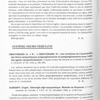 0328 - Page 276 - Analyses. Neurologie. Études générales. Intoxications. Tomesco (P.) et Dimolesco (Alf.). Recherches sur l'alcoolisation expérimentale. Concentration en alcool du sang et du liquide céphalo-rachidien. Elimination. Bulletin de la Société de psychiatrie de Bucarest... / Système neuro-végétatif. Chauchard (A. et B.). et Chauchard (P.). Les variations de l'excitabilité des fibres sympathiques préganglionnaires et postganglionnaires sous l'effet des agents sympatholytiques. Comptes rendus des séances de la Société de biologie... / Gariepy (Urgel). Chirurgie algo-sympathique. Maladie de Raynaud. L'Union médicale du Canada...