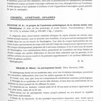 0345 - Page 293 - Analyses. Neurologie. Études spéciales. Méningites. Urechia (C. I.), et Elekes (N.). Méningite lymphocytaire bénigne. Bulletins et mémoires de la Société médicale des hôpitaux de Paris... / Chorée, athétose, spasmes. Alcook (N. S.). A propos de l'anatomie pathologique de la chorée sénile (non héréditaire) (A note on the pathology of senile chorea. Non hereditary). Brain... / Drach (S. Meier). La paraspasme facial. Thèse Bucarest, 1936