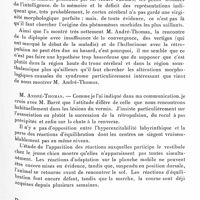 0413 - Page 361 - Société de neurologie de Paris. Séance du 4 mars 1937. Communications. Syndrome de déséquilibration consistant dans la conservation relative de l'équilibration active et cinétique, la perte des réactions d'équilibration vis-à-vis des mouvements passifs. Rétropulsion, par M. André-Thomas / Deux cas d'anévrysme artériel intracrânien, traité par ligature de la carotide primitive, par MM. Cl. Vincent, F. Thiébaut, J. Lemoyne et L. Guillaumat