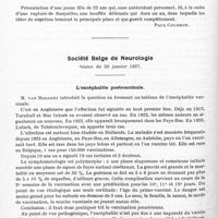 0470 - Page 424 - Sociétés. Société médico-psychologique. Séance du 11 février 1937. Un cas de paralysie générale ayant débuté 3 ans 1/2 après l'accident primitif, par MM. Marchand, Longuet et L. Anglade / Syndrome de Cotard chez une jeune fille de 20 ans. Guérison, par M. R. Mignot et Mlle Lacassagne / Société belge de neurologie. Séance du 30 janvier 1937. L'encéphalite postvaccinale
