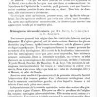 0552 - Page 504 - Société de neurologie de Paris. Séance du 8 avril 1937. Communications. Epidurite inflammatoire cryptogénétique avec paraplégie par compression médullaire. Suites éloignées très favorables acquises par l'intervention chirurgicale et la radiothérapie complémentaire, par MM. J.-A. Chavany, M. David et L. Stuhl (Travail du service neurochirurgical du Dr Cl. Vincent à l'hôpital de la Pitié) / Méningiome intraventriculaire, par MM. David, L. Guillaumat et H. Askénasy