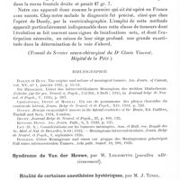 0562 - Page 514 - Société de neurologie de Paris. Séance du 8 avril 1937. Communications. Méningiome intraventriculaire, par MM. David, L. Guillaumat et H. Askénasy (Travail du service neuro-chirurgical du Dr Clovis Vincent, Hôpital de la Pitié) / Syndrome de Van der Houwe, par M. Lhermitte / Réalité de certaines anesthésies hystériques, par M. J. Tinel