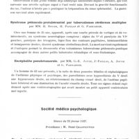 0572 - Page 524 - Sociétés. Société d'oto-neuro-ophtalmologie du Sud-Est. Séance du 16 janvier 1937. Hémisympathalgies faciales droites et lésions cardio-artérielles, par MM. L.-A. Bordes et A. Barraux / Névrite optique ; opération de Segura ; guérison, par M. N. Carréga / Syndrome pédonculo-protubérantiel par tuberculomes cérébraux multiples, par MM. H. Roger, H. Paillas et G. Farnarier / Encéphalite pseudotumorale, par MM. G.-E. Jayle, J. Paillas, A. Jouve et G. Farnarier / Société médico-psychologique. Séance du 22 février 1937. Cas de paralytiques généraux à sérologie normale, par MM. Dujardin et Vermeylen