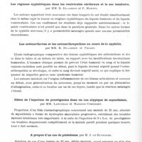 0574 - Page 526 - Sociétés. Société belge de neurologie. Séance du 27 février 1937. Les régimes syphilitiques dans les ventricules cérébraux et le sac lombaire, par MM. B. Dujardin et P. Martin / Les ostéoarthrites et les ostéoarthropathies au cours de la syphilis, par MM. B. Dujardin et Friart / Effets de l'injection de prostigmine dans un cas atypique de myasthénie, par MM. Laruelle et Massion-Verniory / A propos d'un cas de pinéalome, par M. J. de Busscher