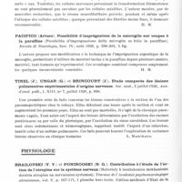 0586 - Page 538 - Analyses. Neurologie. Études générales. Anatomie pathologique. Cardona (Filippo). Des cadres histo-pathologiques de la macroglie cérébrale humaine (Sui quadri isto-patologici della macroglia cerebrale umana). Rivista di Patologia nervosa e mentale... / Manouélian (Y.). Nodules rabiques et réseau neurofibrillaire. Comptes rendus de la Société de biologie... / Pacifico (Arturo). Possibilité d'imprégnation de la microglie sur coupes à la paraffine (Possibilita d'impregnazione della microglia su fette in paraffina). Rivista di Neurologia... / Tinel (J.), Ungar (G.) et Brincourt (J.). Etude comparée des lésions pulmonaires expérimentales d'origine nerveuse. Soc. anat... Ann. d'anat. path... / Physiologie. Brailovski (V. V.) et Ponirooski (N. G.). Contribution à l'étude de l'action de l'atropine sur le système nerveux (Materialy k isoutakeniou mekhanisma deistria atropina na nervnouiou systemon). Travaux de l'Académie psychoneurologique ukrainienne... Edition médicale d'Etat de la R. S. S. ukrainienne, 1935