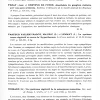 0593 - Page 545 - Analyses. Neurologie. Études générales. Système neuro-végétatif. Marcus (Henry), Sahlgren (Ernst) et Kinnmark (Folke). Recherches sur l'influence de la suggestion hypnotique sur les fonctions du système végétatif (Untersuchungen über die Einwirkung der hypnotischen Suggestion auf die Funktionen des vegetativen Systemes). Acta Psychiatrica et Neurologica... / Paraf (Jean) et Dreyfus de Foyer. Anesthésie du ganglion stellaire par voie paravertébrale. Bulletins et mémoires de la Société médicale des hôpitaux de Paris... / Pasteur Vallery-Radot, Mauric (G.) et Lemant (J.). Le système neuro-végétatif au cours de l'hyperthermie. La Presse médicale... / Richard (G.). Un syndrome végétatif de la ménopause masculine. Rev. méd. de Nancy...