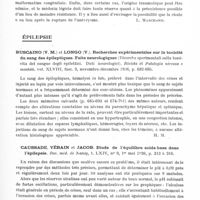 0601 - Page 553 - Analyses. Neurologie. Études spéciales. Méninges. Thomas (F.). Considérations anatomo-cliniques sur l'hémorragie sous-arachnoïdale d'origine anévrysmale. Leur intérêt en médecine légale. Ann. d'anat. path. et d'anat. norm. méd. chir... / Épilepsie. Buscaino (V. M.) et Longo (V.). Recherches expérimentales sur la toxicité du sang des épileptiques. Faits neurologiques (Ricerche sperimentali sulla tossicita del sangue degli epilettici. Dati neurologici). Rivista di Patologia nervosa e mentale... / Caussade, Vérain et Jacob. Etude de l'équilibre acide-base dans l'épilepsie. Rev. méd. de Nancy... / Colognesse (Guglielmo). Epilepsie et cure bulgare (Epilessia e cura bulgara). Giornale di Psichiatria e di Neuropatologia...