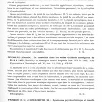 0613 - Page 565 - Analyses. Psychiatrie. Études générales. Mauro (Salvatore di). La courbe glycémique dans la démence sénile (La curva glicemica nella demenza senile). Il Cervello... / Meignant. Remarques sur la délinquance infantile. Rev. méd. de Nancy... / Odegard (Ornulv). La mortalité dans les asiles d'aliénés norvégiens de 1916 à 1933 (Mortality in norwegian mental hospitals from 1916 to 1933). Acta Psychiatrica et Neurologica... / Parhon (C. I.) et Schachter (M.). Syndrome psychasthénique et insuffisance orchitique. Rev. méd. de Nancy...