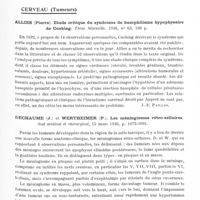0721 - Page 673 - Analyses. Neurologie. Études générales. Liquide céphalo-rachidien. Tornu (Alessandro). Le point isoélectrique des protéines du liquide céphalo-rachidien (Il punto isoelettrico delle proteine del liquido cefalo-rachidiano). Rivista di Neurologia... / Études spéciales. Cerveau (Tumeurs). Allies (Pierre). Etude critique du syndrome de basophilisme hypophysaire de Cushing. Thèse Marseille, 1936... / Dechaume (J.) et Wertheimer (P.). Les méningiomes rétro-sellaires. Sud médical et chirurgical... / Fitzgibbon (Joseph P.) et Courville (Cyril B). Glioblastome multiforme du lobe temporal gauche associé à une endostose des fosses cérébrales antérieure et moyenne (Glioblastoma multiforme of the left temporal lobe associated with endostotis of anterior and middle cranial fossae). Bulletin of the Los Angeles neurological Society...