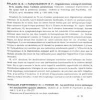 0727 - Page 679 - Analyses. Neurologie. Études spéciales. Moelle. Gilbert-Dreyfus et Zarachovitch. Gros orteil d'apparence syringomyélique avec fractures spontanées multiples du métatarse. Considérations physiopathologiques et thérapeutiques. Bulletins et mémoires de la Société médicale des hôpitaux de Paris... / Hyland (H. H.) et Farquharson (R. F.). Dégénération subaiguë combinée de la moelle dans l'anémie pernicieuse (Subacute combined degeneration of the spinal cord in pernicious anemia). Archives of Neurology and Psychiatry... / Paulian, Fortunescu (C.) et Tudor (M.). Le syndrome neuro-anémique et l'arachnoïdite spinale adhésive. Bulletin de la Société de psychiatrie de Bucarest... / Pérez-Fontana (Velarde), Rodriguez (Bernardino), Soriano (V. J.) et Medoc (Juan). Compression médullaire par tumeur intradurale (leptoméningiome cervico-dorsal). (Compression medular por tumor intradural (leptomeningioma cervico-dorsal). Archivos urugayos de Medicina, Cirugia y Especialidades...