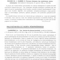 0728 - Page 680 - Analyses. Neurologie. Études spéciales. Moelle. Pérez-Fontana (Velarde), Rodriguez (Bernardino), Soriano (V. J.) et Medoc (Juan). Compression médullaire par tumeur intradurale (leptoméningiome cervico-dorsal). (Compression medular por tunor intradural (leptomeningioma cervico-dorsal). Archivos urugayos de Medicina, Cirugia y Especialidades... / Roger (H.) et Olmer (J.). Formes cliniques des syndromes neuro-anémiques, Sud médical et chirurgical... / Polynévrites et nerfs périphériques. Carrière (G.). Les lésions du plexus brachial. Gazette des hôpitaux... / J. Guibal. Un cas de paralysie du grand dentelé d'origine traumatique (Rev. méd. de Nancy...
