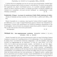 0731 - Page 683 - Analyses. Neurologie. Études spéciales. Polynévrites et nerfs périphériques. Vassal (Louis). Sciatique et arythmie. Union médicale du Nord-Est... / Organes des sens (oeil). Brickner (Richard M.). Oscillopsie (Oscillopsia). Archives of Neurology and Psychiatry... / Cardona (Filippo). A propos du syndrome d'Adie (Sulla sindrome di Adie). Rivista di Patologia nervosa e mentale... / Dejean (Ch.). Les angiospasmes oculaires. Montpellier médical... / Laignel-Lavastine, Gallot (H. M.) et Nouaille (J.). Syndrome d'Adie chez un hérédo-syphilitique probable. Bulletins et mémoires de la Société médicale des hôpitaux de Paris...