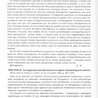 0732 - Page 684 - Analyses. Neurologie. Études spéciales. Organes des sens (oeil). Laignel-Lavastine, Gallot (H. M.) et Nouaille (J.). Syndrome d'Adie chez un hérédo-syphilitique probable. Bulletins et mémoires de la Société médicale des hôpitaux de Paris... / Schaeffer (H.) et Léger. Les modifications des réflexes pupillaires dans la syphilis nerveuse. Le signe d'Argyll-Robertson et ses rapports avec l'atrophie irienne. La Presse médicale... / Welter (E.). Le diagnostic des affections de la région chiasmatique et sellaire. Revue méd. de Nancy... / Méningites. Abadie, Pauly et Bergouignan. Méningites séreuses cryptogénétiques et radiothérapie. Sud médical et chirurgical...