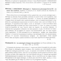 0733 - Page 685 - Analyses. Neurologie. Études spéciales. Méningites. Abadie, Pauly et Bergouignan. Méningites séreuses cryptogénétiques et radiothérapie. Sud médical et chirurgical... / Brunel et Dérobert. Méningite à « Diplococcus pharyngis flavus III », au cours des oreillons. Bulletins et mémoires de la Société médicale des hôpitaux de Paris... / Charleux (G.). La méningite bénigne des porchers. La Presse médicale... / Mée (Le) et Salomon. Méningite otogène à streptocoque traitée par des injections intrarachidiennes de rubiazol. Les Annales d'oto-laryngologie...