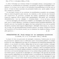 0734 - Page 686 - Analyses. Neurologie. Études spéciales. Méningites. Mée (Le) et Salomon. Méningite otogène à streptocoque traitée par des injections intrarachidiennes de rubiazol. Les Annales d'oto-laryngologie... / Savulesco (Alexandre). La méningite séro-fibrineuse. Relations cliniques entre la méningite tuberculeuse et la méningite séreuse. Revue de sensibilisation... / Schaechter (M.). Etude clinique sur les méningites vermineuses. Il Cervello... / Muscles. Bompiani (G.) et Meldolesi (G.). Altérations histologiques du pancréas dans un cas de myopathie (Alterazioni anatomo-istologiche del pancreas in casi di distrofia muscolare progressiva). Il Policlinico (Sezione medica)...