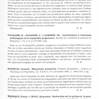 0735 - Page 687 - Analyses. Neurologie. Études spéciales. Muscles. Bompiani (G.) et Meldolesi (G.). Altérations histologiques du pancréas dans un cas de myopathie (Alterazioni anatomo-istologiche del pancreas in casi di distrofia muscolare progressiva). Il Policlinico (Sezione medica)... / Graçoski (S.), Goldner (J.) et Cammer (M.). Contributions à l'anatomie pathologique de la myopathie progressive. Bulletin de l'Académie de médecine de Roumanie... / Hurwitz (Samuel). Myopathies primitives (Primary myopathies). Archives of Neurology and Psychiatry... / Kennedy (Foster) et Wolf (Alexander). Recherches sur la quinine et la prostigmine dans le traitement de la myotonie et de la myasthénie. Archives of Neurology and Psychiatry...