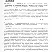 0739 - Page 691 - Analyses. Neurologie. Études spéciales. Maladies héréditaires et familiales. Meldolesi (G.). De l'atrophie musculaire progressive névrotique type Charcot-Marie (Observations cliniques de deux familles d'amyotrophiques) (Sulla atrofia muscolare progressiva neurogena, tipo Charcot-Marie. Osservazioni cliniche su due famiglie di amiotrofici). Il Policlinico (sezione medica)... / Psychiatrie. Psychoses. Cahane (Mares) et Cahane (T.). Sur un cas de mélancolie associé à un syndrome fruste de Simmonds. Le rôle de l'hypophyse dans certaines dépressions. Annales médico-psychologiques... / Halberstadt (G.). Contribution à l'étude des états chroniques de la psychose maniaque dépressive. Annales médico-psychologiques...