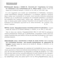 0841 - Page 791 - Analyses. Neurologie. Études générales. Bibliographie. Eager (K.). Conseils aux infirmières stagiaires des hôpitaux psychiatriques (Hints to probationer nurses in mental hospitals)..., Lewis, édit., Londres, 1936... / Physiologie. Bonvallet (Marthe) et Minz (B.). Inversion par l'ergotamine de l'action de l'adrénaline et de l'acétylcholine sur le réflexe spinal. Comptes rendus des séances de la Société de biologie... / Brull (Lucien). Hypophysectomie et excrétion urinaire du phosphore. Comptes rendus des séances de la Société de biologie... / Chauchard (Paul). Contribution à l'étude du mode d'action de la nicotine sur l'excitatibilité nerveuse ; une nouvelle interprétation du phénomène de Langley. Comptes rendus des séances de la Société de biologie...