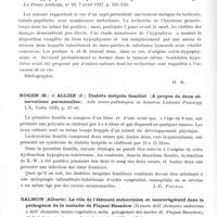 0848 - Page 798 - Analyses. Neurologie. Études générales. Glandes à sécrétion interne. Henschen (F.). Le syndrome de Morgagni (hyperostose frontale interne. Virilisme. Adipose). Ann. d'anat. pathol. et d'anat. norm. méd.-chir... / Mussio-Fournier (J. C.), Buno (W.), Morato-Manaro (J.) et Albrieux (A.). Constatation de l'existence de prolan dans l'urine d'un malade dont l'hypophyse était complètement détruite par une tumeur métastatique. La Presse médicale... / Roger (H.) et Alliez (J.). Diabète insipide familial (A propos de deux observations personnelles). Acta neuro-pathologica in honorem Ludovici Puussepp... / Salmon (Alberto). Le rôle de l'élément endocrinien et neurovégétatif dans la pathogénie de la maladie de Flajani-Basedow (Il ruolo dell' elemento endocrino e dell' elemento neuro-vegetativo nella patogenesi del morbo di Flajani-Basedow). Il Policlinico...