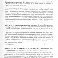 0851 - Page 801 - Analyses. Neurologie. Études spéciales. Cerveau (Lésions). Germain (A.) et Morvan (A.). Angiospasme cérébral au cours d'une maladie rhumatismale. Bulletins et mémoires de la Société médicale des hôpitaux de Paris... / Hall (G. S.). Le diagnostic de l'hématome sous-dural chronique d'origine traumatique (The diagnosis of chronic subdural haematoma of traumatic origin). The Journal of Neurology and Psychopathology... / Martel (Th. de), Guillaume (J.) et Thurel (R.). L'échinococcose cérébro-médullaire. Sud médical et chirurgical...