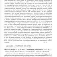 0859 - Page 809 - Analyses. Neurologie. Études spéciales. Organes des sens (Oreille). Ramadier (J. A.). Du risque méningé occulte des anciennes fractures du rocher intéressant l'oreille interne. Mémoires de l'Académie de chirurgie... / Chorée, athétose, spasmes. Arnaud (Marcel) et Paillas (J.). Les spasmes vasculaires en neuro-chirurgie. Archives de médecine générale et coloniale...