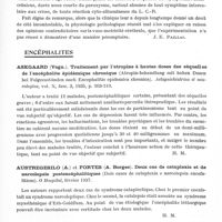 0861 - Page 811 - Analyses. Neurologie. Études spéciales. Chorée, athétose, spasmes. Roger (Henri), Alliez (J.) et Sarradon (P.). Les spasmes vasculaires cérébraux et médullaires. Archives de médecine générale et coloniale... / Encéphalites. Askgaard (Vagn.). Traitement par l'atropine à hautes doses des séquelles de l'encéphalite épidémique chronique (Atropin-behandlung mit hohen Dosen bei Folgezuständen nach Encephalitis epidemica chronica). Actapsichiatrica et neurologica... / Austregesilo (A.) et Fortes (A. Borges). Deux cas de cataplexie et de narcolepsie postencéphalitiques (Dois casos de cataplexia e narcolepsia encefaliticas). O Hospital... / Bianchini (Levi). Observations relatives à la « cure bulgare » dans le traitement du parkinsonisme postencéphalitique chronique au point de vue clinique statistique et hospitalier (Osservazioni sulla Cura Bulgara nel trattamento del parkinsonismo encefalitico epidemico cronico dal punto di vista clinico, statistico ed ospedaliero). Archivio generale di Neurologia, Psichiatria e Psicoanalisi...
