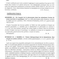 0868 - Page 818 - Analyses. Neurologie. Études spéciales. Colonne vertébrale. Michon (P.), Grimault et Grosjean. Séquelles motrices du traumatisme rachidien cervical. Rev. méd. de Nancy... / Sicard (A.) et Acquaviva (R.). La découverte des maux de Pott silencieux au cours d'un examen radiographique fortuit. Provence médicale... / Thérapeutique. Aschieri (G.). De l'emploi de la pilocarpine dans les rétentions d'urine de cause nerveuse et psychique (Sull' uso della pilocarpina nella ritenzione urinaria di origine nervosa e psichica). Note e Riviste di Psichiatria... / Buisson (R.) et Hamel (J.). Valeur thérapeutique de la cholestérine. Son emploi en milieu asilaire. Annales médico-psychologiques... / Grimaldi (Lelio) et Tomasino (Antonio). Traitement de la sitophobie par le shock insulinique (Trattamento con chock insulinico della sitofobia). Neopsichiatria...