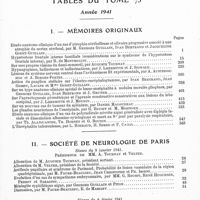 0007 - Page 1 - Tables du tome 73. Année 1941. I. Mémoires originaux / II. Société de neurologie de Paris