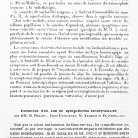 0074 - Page 32 - Société de neurologie de Paris. Séance du 9 janvier 1941. Aréflexie pupillaire et syndrome de Parinaud. Probabilité de lésion vasculaire de la région quadrigéminale, par MM. M. Faure-Baulieu, Jean Christophe et Ph. Isorni / Evolution d'un cas de sympathome embryonnaire, par MM. G. Roussy, René Huguenin, M. Perrot et R. Saracino