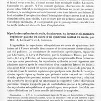0123 - Page 81 - Société de neurologie de Paris. Séance du 6 janvier 1941. Communications. Fibro-endothéliome développé dans l'hémisphère cérébelleux gauche, ayant simulé une tumeur de l'acoustique, par MM. D. Petit-Dutaillis, J. Sigwald, Ch. Ribadeau-Dumas et Morichau-Beauchant / Myoclonies rythmées du voile, du pharynx, du larynx et du membre supérieur gauche au cours d'un syndrome latéral du bulbe, par MM. J. Lhermitte et J. Sigwald