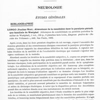 0129 - Page 87 - Analyses. Neurologie. Études générales. Bibliographie. Longo (Paulino Watt). Altérations de la sensibilité dans la paralysie périodique familiale de Westphal (Alteraçoes da sensibilidade na paralisia periodica familiar de Westphal)... Empresa grafica da « Revista dos Tribunais », édit. Sao Paulo, 1939