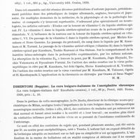 0130 - Page 88 - Analyses. Neurologie. Études générales. Bibliographie. Longo (Paulino Watt). Altérations de la sensibilité dans la paralysie périodique familiale de Westphal (Alteraçoes da sensibilidade na paralisia periodica familiar de Westphal)... Empresa grafica da « Revista dos Tribunais », édit. Sao Paulo, 1939 / Ensemble des publications de la faculté de médecine de l'Université impériale d'Osaka (Collected Papers from the Faculty of Medicine Osaka Imperial University)..., University edit. Osaka, 1939 / Disertori (Beppino). La cure bulgaro-italienne de l'encéphalite chronique (La cura bulgaro-italiana dell' Encefalite cronica)..., Pozzi, edit. Rome, 1938...