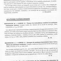 0134 - Page 92 - Analyses. Neurologie. Études générales. Bibliographie. Marchand (L.). Maladies mentales. Etudes anatomo-biologiques..., Amédée Legrand, édit., Paris, 1939... / Anatomie pathologique. Baudoin (A.) et Lewin (J.). Teneur de l'ultrafiltrat cérébral en quelques substances azotées. Comptes rendus des séances de la Société de biologie... / Baudoin (A.) et Lewin (J.). Dosages de quelques électrolytes dans l'ultrafiltrat de substance cérébrale. Comptes rendus des séances de la Société de biologie... / Schroeder (K.). Nouvelle amélioration de ma technique de coloration de la gaine de myéline sur les coupes à la congélation (Eine weitere Verbesserung meiner Marksheiden-färbemethode am Gefrierschnitt). Zeitschrift für die gesamte Neurologie und Psychiatrie...
