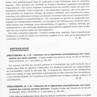0135 - Page 93 - Analyses. Neurologie. Études générales. Anatomie pathologique. Strobel (Th.). Sur la teneur en substance sèche de différentes régions cérébrales (Ueber den Trockensubstanzgehalt verschiedener Hirnteile). Zeitschrift für die gesamte Neurologie und Psychiatrie... / Physiologie. Chauchard (A. et B.). Influence de la dépression atmosphérique sur l'excitabilité des nerfs moteurs. Comptes rendus des séances de la Société de biologie... / Chauchard (A. et B.). Influence de la dépression atmosphérique sur l'excitabilité des centres nerveux moteurs. Comptes rendus des séances de la Société de biologie...