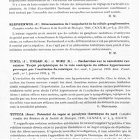 0138 - Page 96 - Analyses. Neurologie. Études générales. Physiologie. Rijlant (Pierre). Excitation et inhibition au niveau des voies respiratoires descendantes médullaires. Comptes rendus des séances de la Société de biologie... / Szepsenwol (J.). Détermination de l'unipolarité de la cellule ganglionnaire. Comptes rendus des séances de la Société de biologie... / Tinel (J.), Ungar (G.) et Wirz (S.). Recherches sur la sensibilité vasculaire. Trajet périphérique de la voie centripète du réflexe hypertenseur provoqué par l'excitation du sciatique. Soc. anat... Ann. d'anat. path... / Titeca (Jean). Potentiel de repos et paralysie thermique du nerf. Comptes rendus des séances de la Société de biologie...
