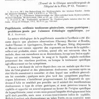 0188 - Page 146 - Société de neurologie de Paris. Séance du 3 avril 1941. L'ouverture de la corne temporale droite dans le traitement des hydrocéphalies, par MM. J. Le Beau et S. Daum (Travail de la Clinique neurochirurgicale de l'Hôpital de la Pitié, Pr Cl. Vincent) / Pupillotonie, aréflexie tendineuse généralisée, crises gastriques ; problèmes posés par l'absence d'étiologie syphilitique, par M. J. Sigwald
