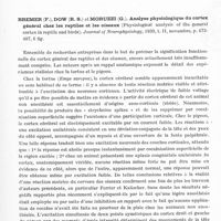 0323 - Page 281 - Analyses. Neurologie. Études générales. Physiologie. Bremer (Frédéric). Du mécanisme de l'afterdischarge centrale. Livro de Homenagem aos Professores A. et M. de Almeida, Rio Janeiro... / Bremer (F.), Dow (R. S.), et Moruzzi (G.). Analyse physiologique du cortex général chez les reptiles et les oiseaux (Physiological analysis of the general cortex in reptile and birds). Journal of Neurophysiology...