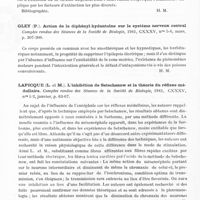 0326 - Page 284 - Analyses. Neurologie. Études générales. Physiologie. Dusser de Barenne et Mc Culloch (W. S.). Facteurs de facilitation et d'extinction dans le système nerveux central (Factors for facilitation and extinction in the central nervous system). Journal of Neurophysiology... / Gley (P.). Action de la diphényl-hydantoïne sur le système nerveux central. Comptes rendus des séances de la Société de biologie... / Lapique (L. et M.). L'inhibition de Setschenow et la théorie du réflexe médullaire. Comptes rendus des séances de la Société de biologie... / Lapicque (L. et M.). Considérations générales sur l'observation quantitative de l'excitabilité chimique chez la grenouille (réflexe de Türck). Comptes rendus des séances de la Société de biologie...