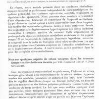 0413 - Page 371 - Société de neurologie de Paris. Séance du 12 juin 1941. Syndrome cérébelleux compliqué de myoclonies rythmées facio-palato-oculo-pharyngées, par MM. J. Lhermitte, Ch. Ribadeau Dumas et J. Sigwald / Note sur quelques aspects de crises toniques dans les traumatismes cranio-cérébraux récents, par MM. Raymond Garcin et Jean Guillaume